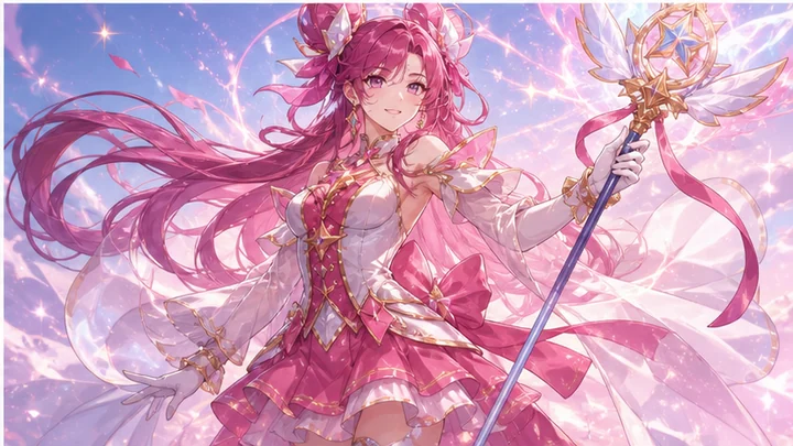 Magical-girl anime-style — A transforming-heroine style defined by signature colour, ribbons, jewels and magical effects.