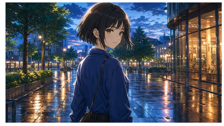 Makoto Shinkai works-style — An unofficial shorthand emphasizing detailed cities and skies, rain, reflections and backlight.