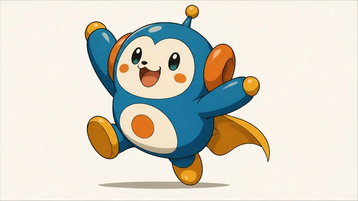 マスコットアニメ風 — 単純な輪郭、大きな頭、小さな手足で覚えやすくした小型キャラクター表現。