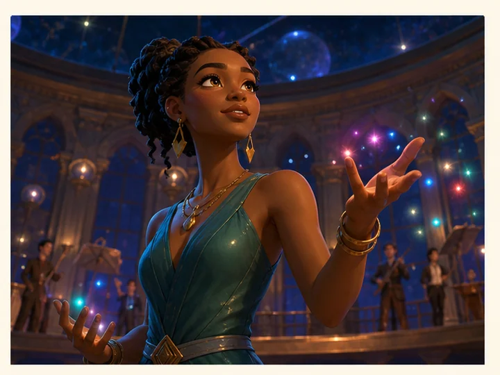 Modern Disney 3D-style — An unofficial shorthand for polished forms, large expressive eyes, soft materials and theatrical lighting.