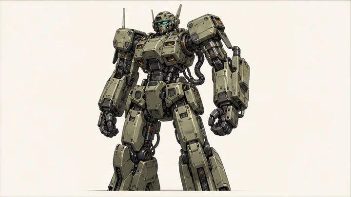 リアルロボットアニメ風 — 兵器としての機能を感じる関節、装甲、センサーを持つ人型機械表現。