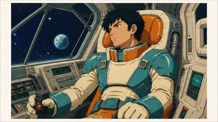 レトロSFアニメ風 — 過去年代の宇宙船、丸い機械、限られた色で未来を描く日本アニメ表現。