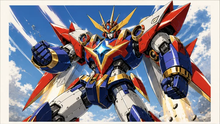 スーパーロボットアニメ風 — 英雄的な人型機械を、大きな胸部、角、強い原色で誇張する表現。