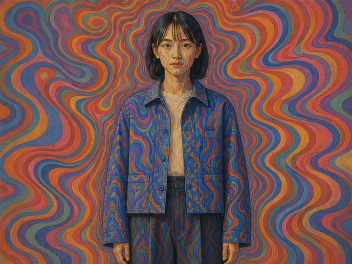 サイケデリック・アート — 1960年代の対抗文化と結びつき、極端な彩度、波打つ輪郭、反復、錯視的な密度で知覚変容を示す表現。