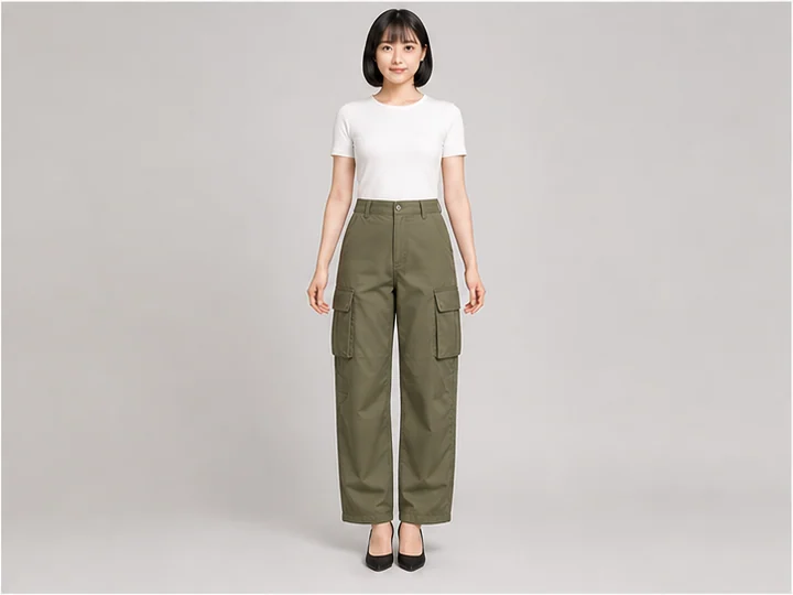 Cargo pants — Utility trousers defined by large flapped pockets on the outer thighs.
