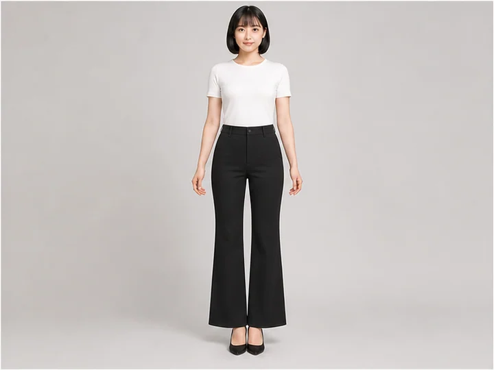 フレアパンツ — 太腿や膝までは細く、膝下から裾へ広がるパンツ。