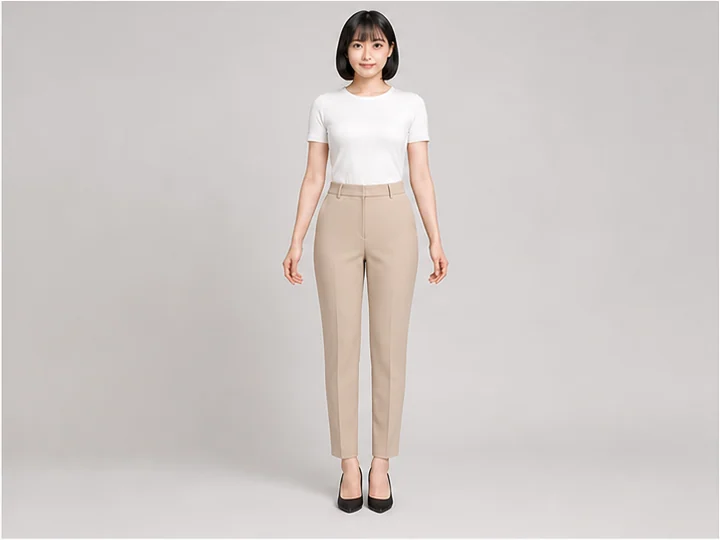 テーパードパンツ — 腰・太腿にはゆとりがあり、足首へ向かって徐々に細くなるパンツ。