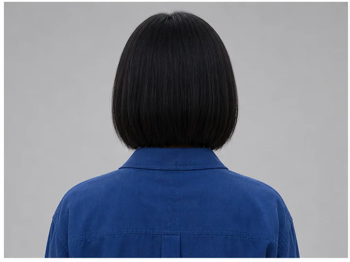 Back view — A view from directly behind showing the back of the head, shoulders and clothing.