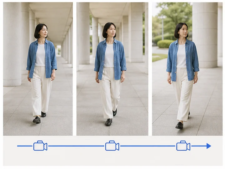 トラッキングショット — 移動する被写体にカメラが追従し、画面内の大きさや位置を保ちながら環境内を進むショット。