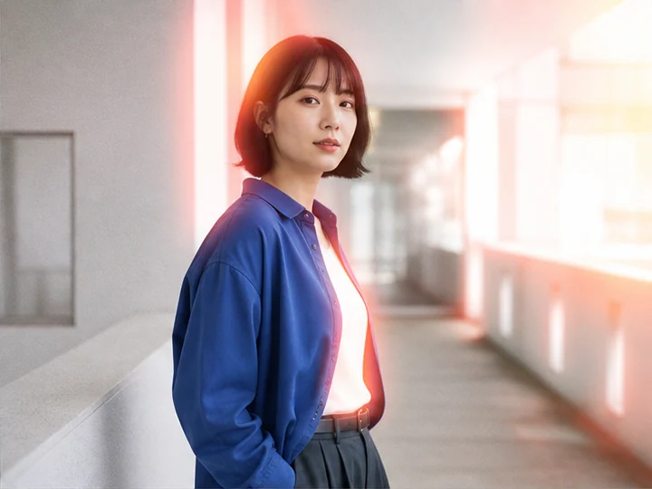 Film halation — A film-like effect in which scattered light creates a soft red-orange halo around bright sources and sharply defined highlights.
