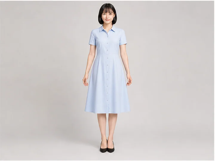 Shirt dress — A dress extending the construction of a collared, button-front shirt.
