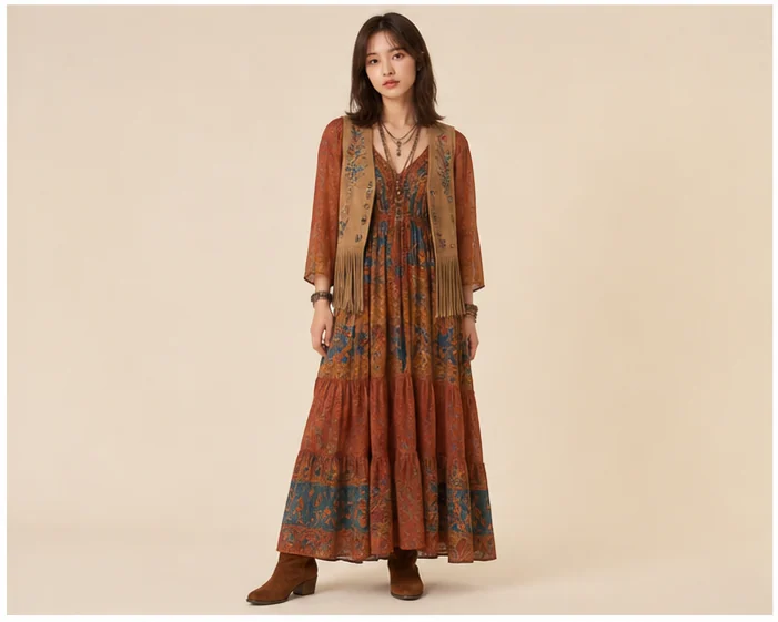 Bohemian — An eclectic free-spirited style layering flowing fabrics, embroidery, fringe and handcrafted details.
