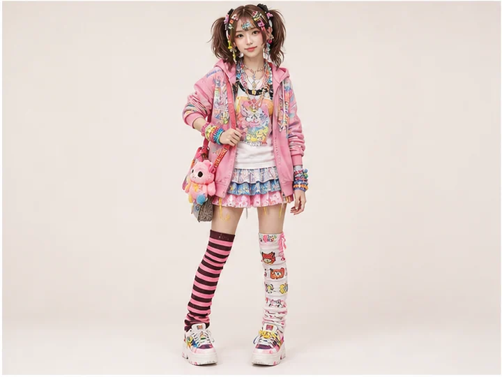 Decora — A Harajuku style that layers vivid clothing with many playful clips, bracelets and toy-like accessories.