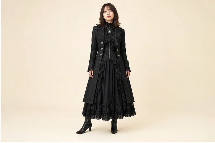 ゴシック — 黒を基調に、長い輪郭、レース、ベルベット、銀色の装飾を使う荘厳な装い。