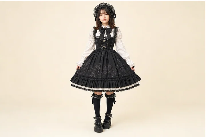 Gothic Lolita — A Japanese style combining Lolita’s doll-like knee-length silhouette with predominantly black Gothic elements.