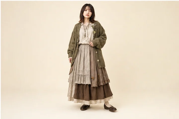森ガール — 生成り、くすみ色、天然素材、ゆったりした重ね着で森の住人のように見せる日本の装い。