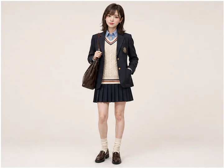 プレッピー — アイビーを若者向けにした学生風スタイル。ニット、プリーツ、ローファーなどを使う。