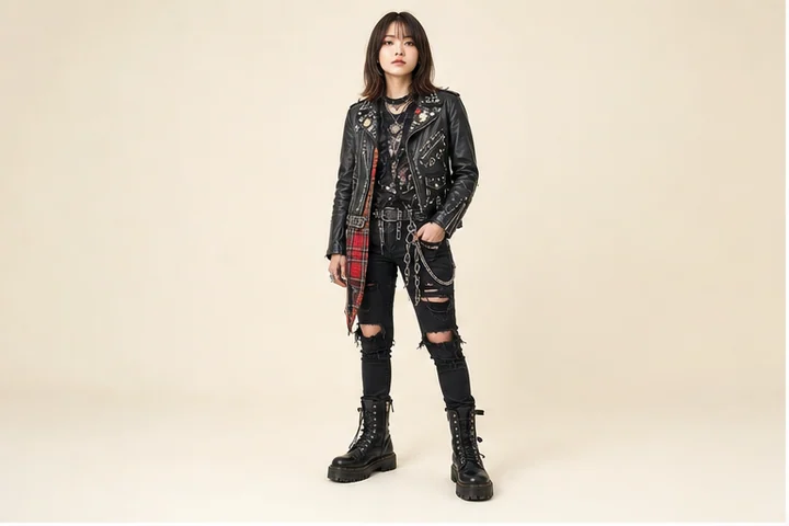 Punk fashion — A rebellious style expressed through leather, studs, tartan, chains and visibly DIY distressing.
