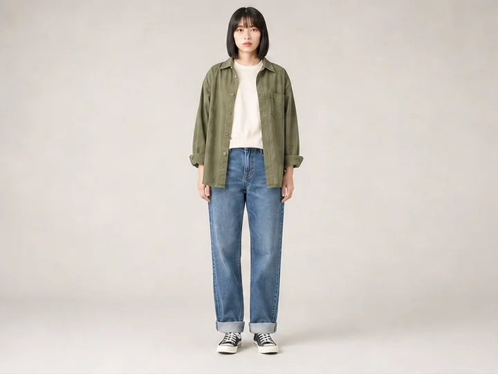 ボーイッシュ — 少年的な軽快さを、ゆったりしたカジュアル服、パンツ、スニーカーで表す装い。