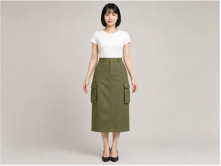 Cargo skirt — A utilitarian skirt defined by large flapped bellows pockets around the outer thighs.