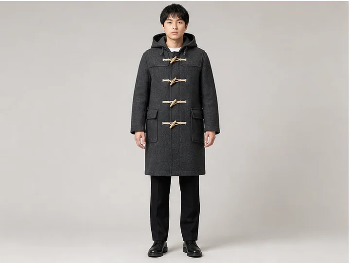 Duffle coat — A straight heavy coat with an attached hood and large toggle fastenings.