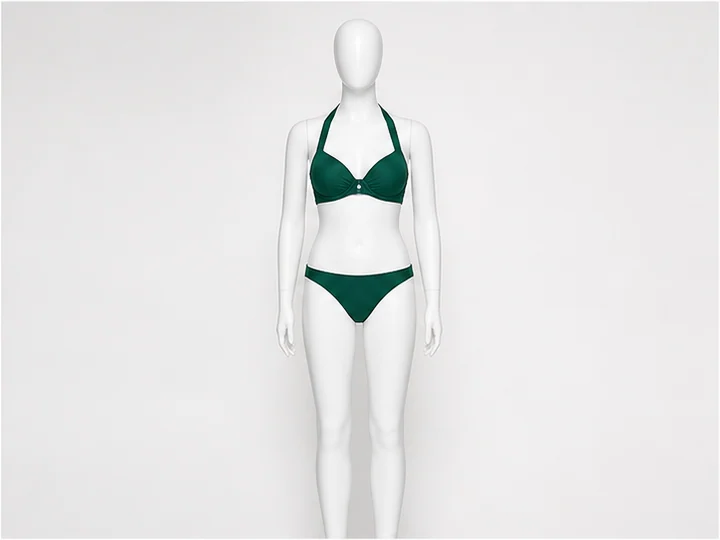 Halter bikini — A two-piece swimsuit whose upper garment is supported by straps joining behind the neck.
