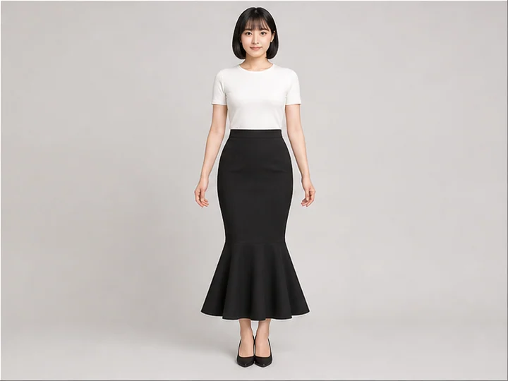Mermaid skirt — A skirt fitted through the hips and thighs that flares like a fishtail below the knees.