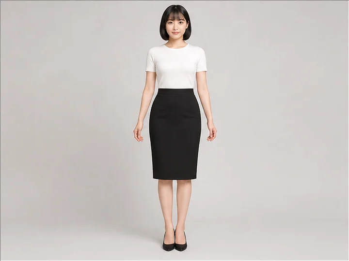 Pencil skirt — A narrow skirt fitted from the waist through the hips to around the knees.
