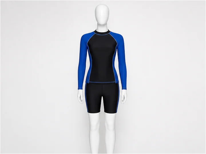 Rash guard set — A set combining a close-fitting long-sleeve swim top with swim shorts.