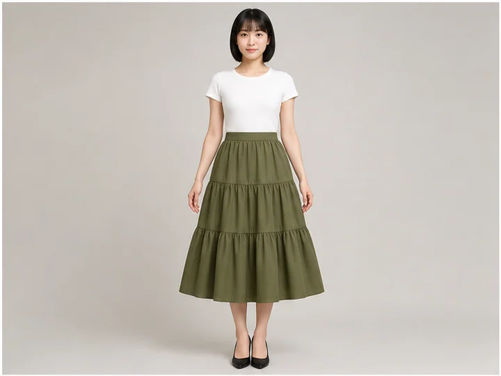 Tiered skirt — A skirt built from several horizontal gathered tiers that become fuller toward the hem.