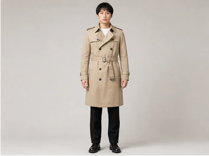 Trench coat — A knee-length double-breasted coat with a waist belt and shoulder epaulettes.