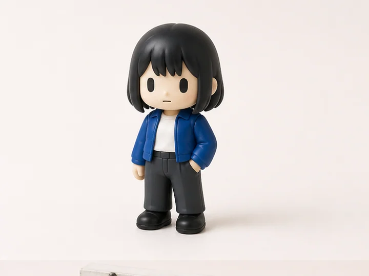Sofubi toy — A hollow soft-vinyl toy look with rounded simplified forms and restrained paint detail.