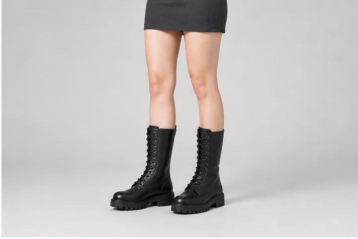 Combat boot — A military-derived boot with a sturdy shaft, dense multi-eyelet lacing and thick lug sole.