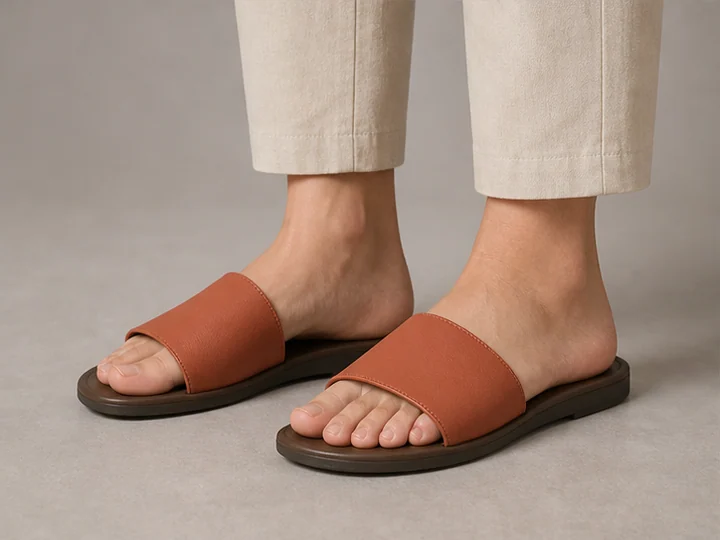 Slide sandals — Backless open-toe sandals held by a broad band across the forefoot.