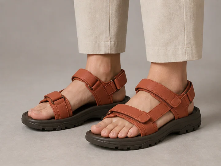 Sport sandals — Sandals using broad adjustable straps and a thick functional sole.