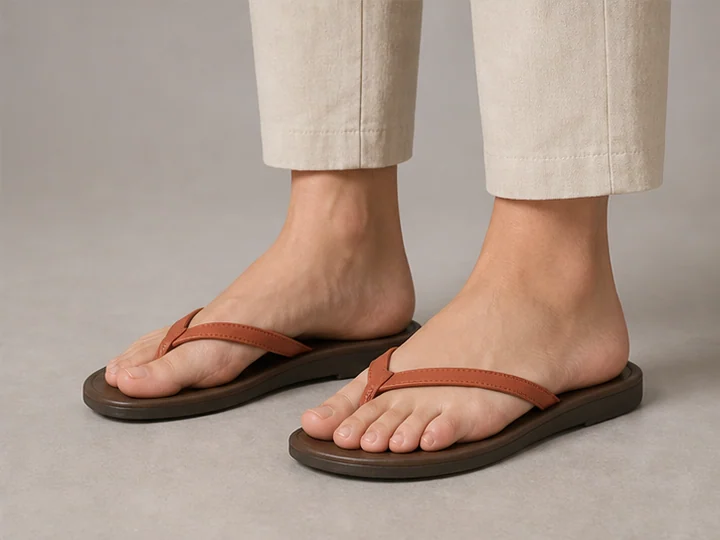 Thong sandals — Sandals held by a Y-shaped strap passing between the first and second toes.