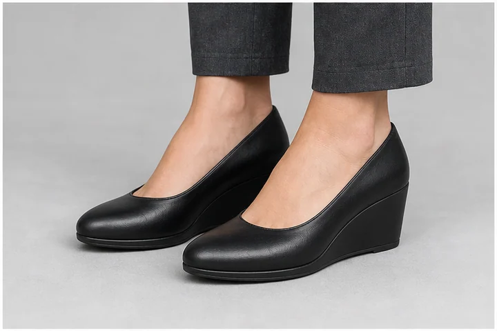 Wedge heel — A heel formed by one continuous wedge of material running from the raised heel toward the forefoot.