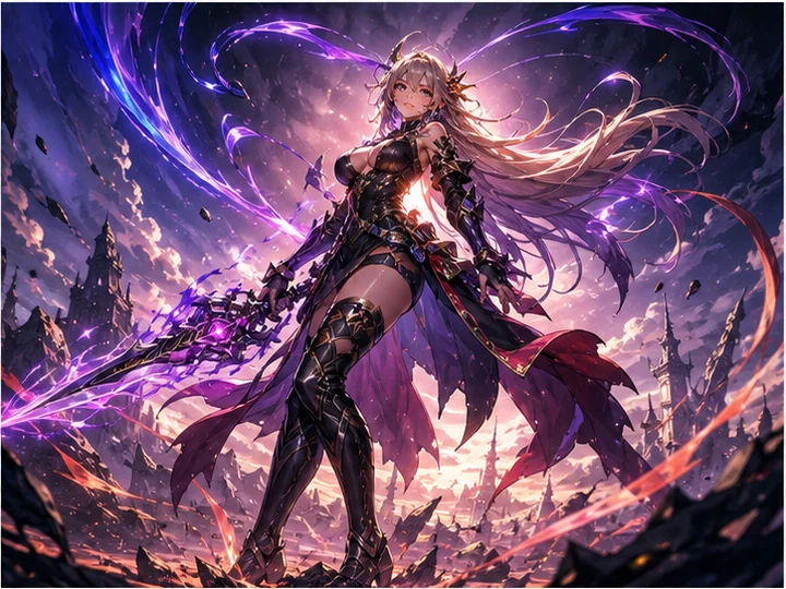 ガチャゲーム・キービジュアル — 新キャラクターの魅力を、劇的な光と効果で見せる宣伝用人物画。