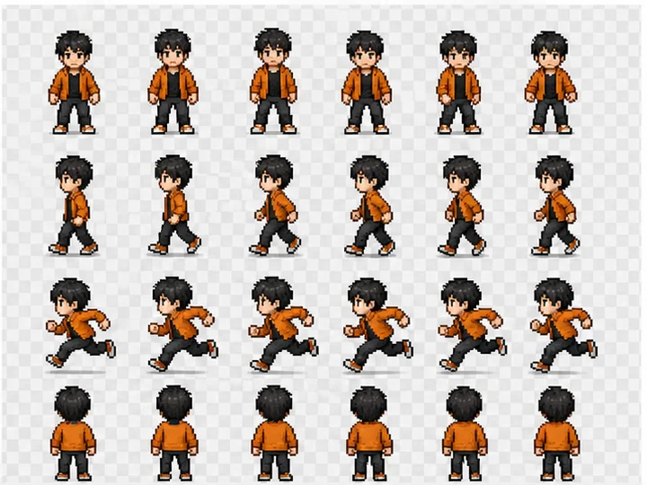 ゲーム用スプライトシート — 同一人物の向きや動作の連続コマを規則的に並べた制作アセット。