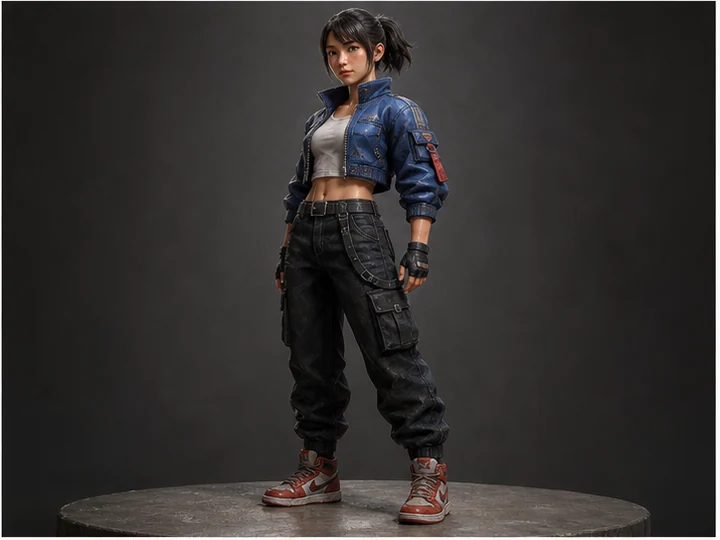 Photoreal AAA-game look — A high-end game look rendering skin, hair, cloth and metal with photoreal detail.