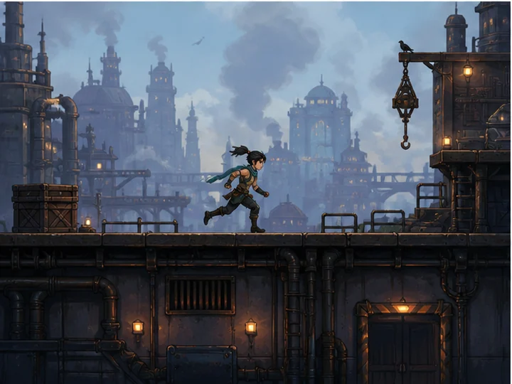 Side-scroller game style — A fixed side-on game view showing a character moving left and right across a stage.