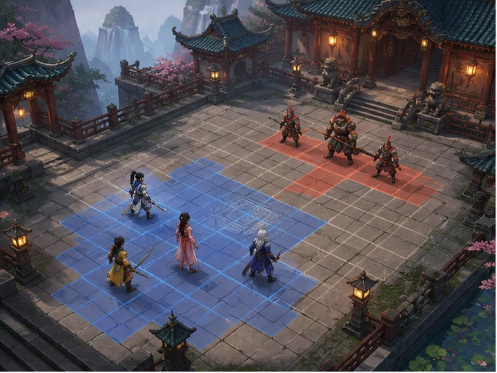 タクティカルRPG風 — 升目状の戦場を斜め上から見せ、ユニット位置と移動範囲を読む画面構成。