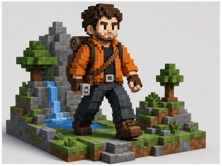 Voxel character art — A 3D style constructing characters and space from visible cubic volume units.