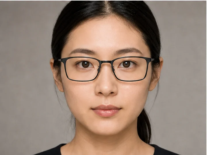 Square glasses — Glasses with horizontally rectangular lenses and clearly visible corners.