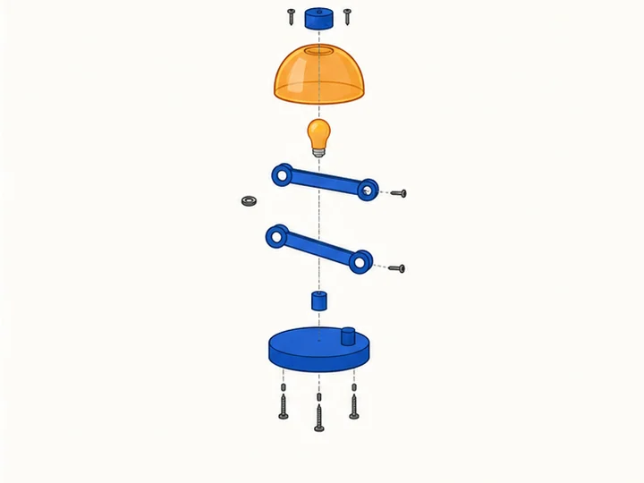 Exploded-view diagram — A technical diagram separating components along an assembly axis to reveal order and internal relationships.