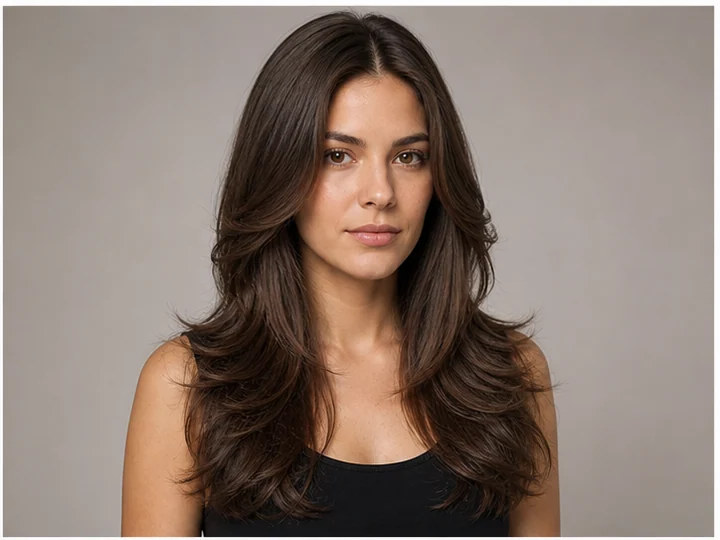 Feathered hair — Layered ends brushed away from the face into light feather-like tiers.