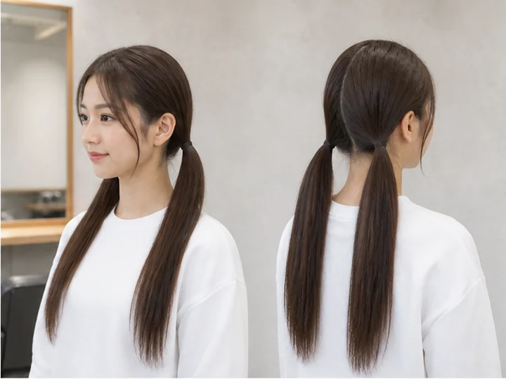 Low twin tails — Twin tails made by dividing all the hair and tying both sections below ear level.