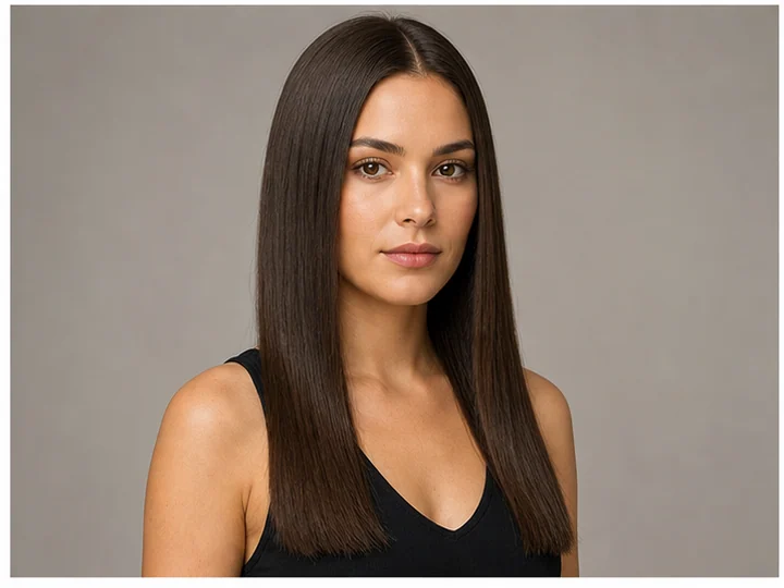 Pin-straight hair — Perfectly straight smooth hair with no bend from roots to ends.