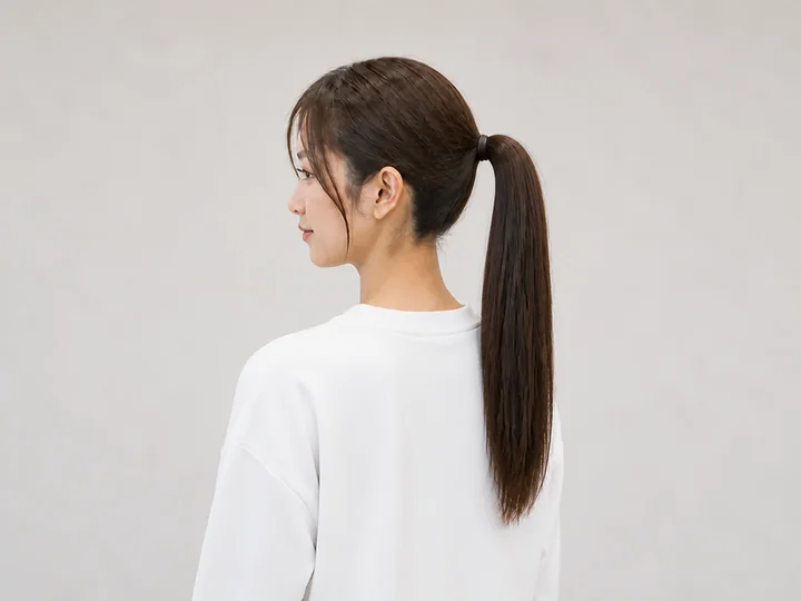 ポニーテール — 髪を後頭部で一つにまとめ、結び目から毛束を垂らす基本的な髪型。