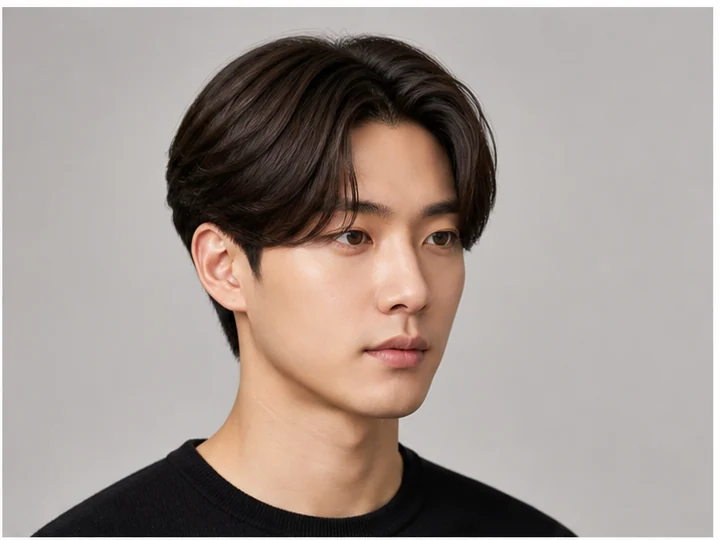 Center-part hair — Hair parted centrally and swept evenly to both sides.